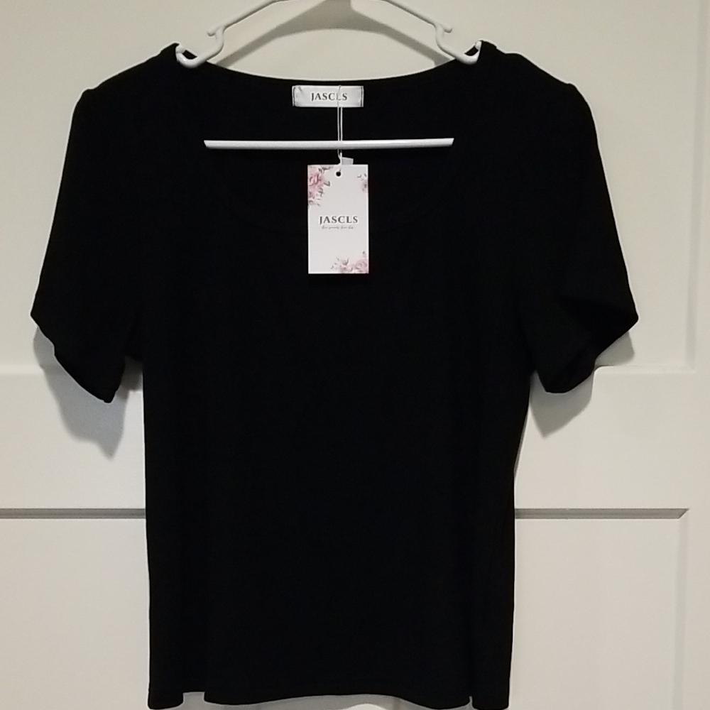 Jascls Women's Black Ribbed Short Sleeve Top Size Large NWT